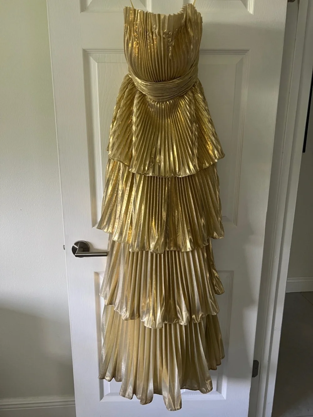 Mac Duggal Gold Metallic Pleated Tiered Maxi Gown - Picture 3 of 4